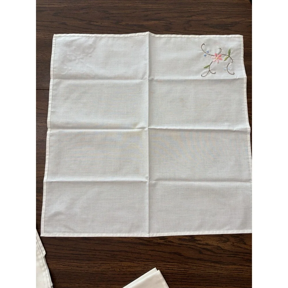 Vintage Embroidered Linen Napkins Set of 6 Floral Pink Blue Hemstitched 16x16